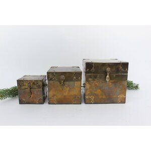 Vintage Enesco Solid Brass Nesting Boxes • Set of 3 Lidded Chests • 1970s Decor